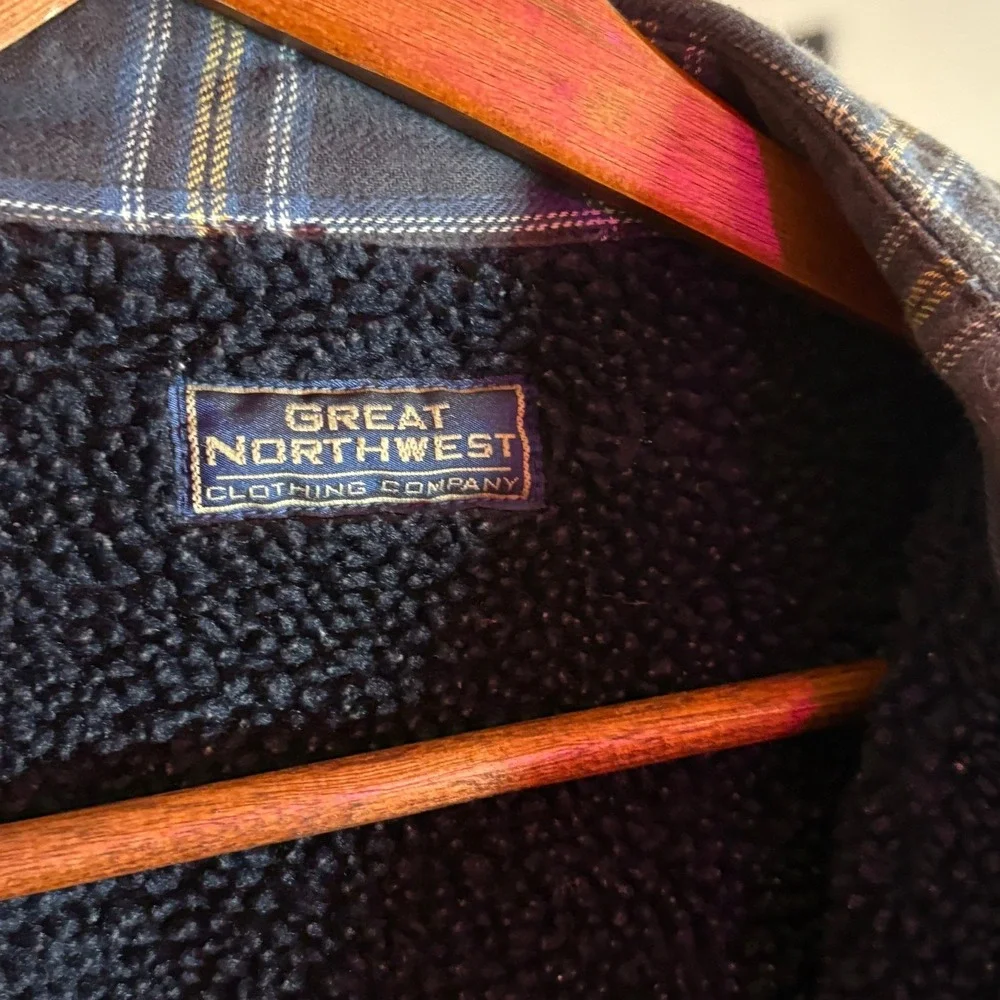Great Northwest Flannel Shirt Jacket Mens XL Blue Yellow Sherpa Lined Shacket